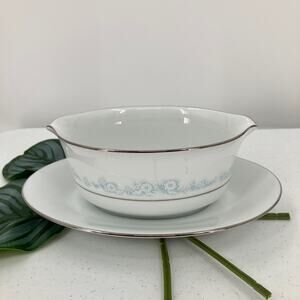 Vintage Noritake Blue White Floral 2226 Fleurette Attached Underplate Gravy Boat